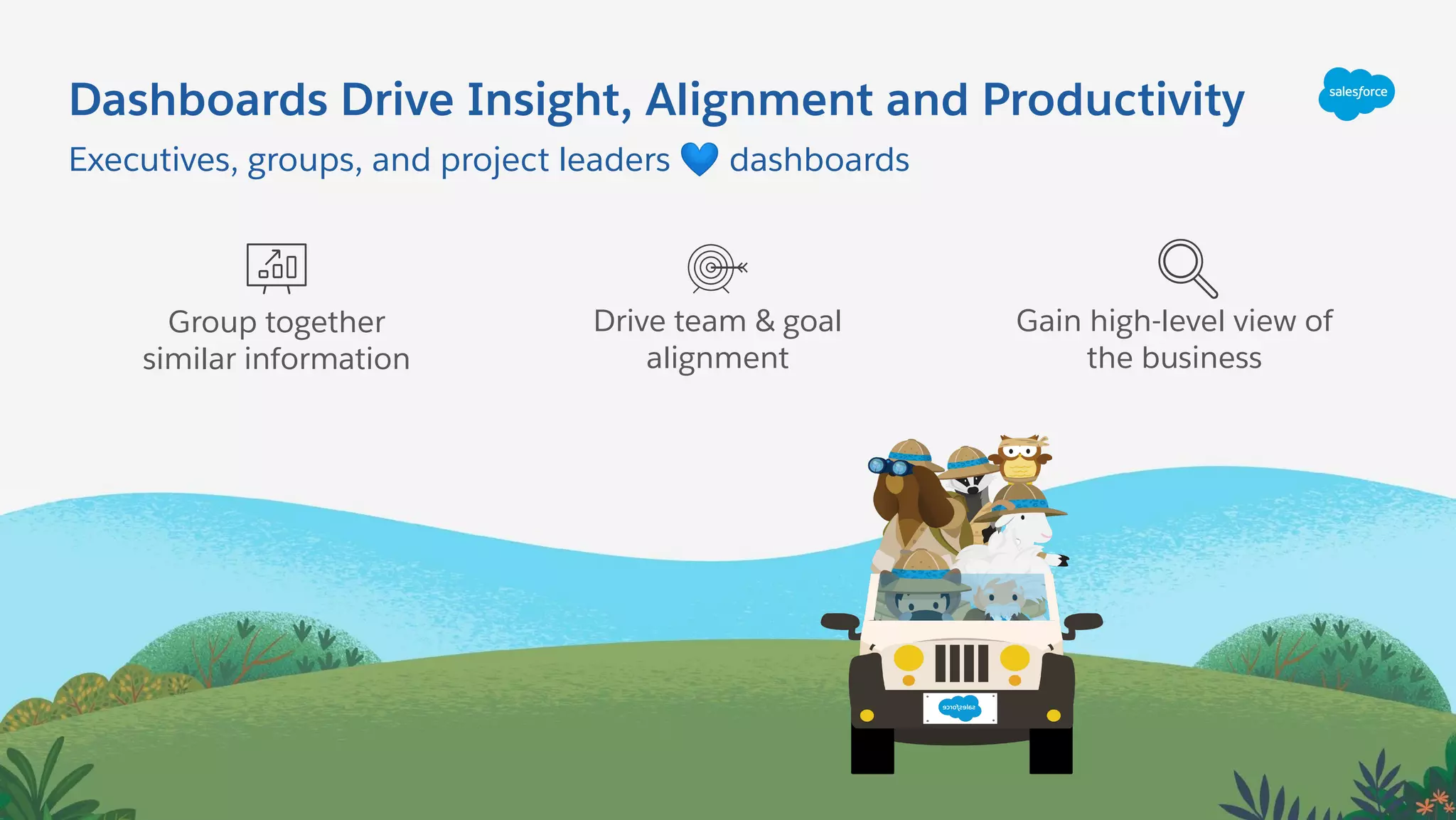 Dashboards Drive Insight, Alignment and Productivity
Executives, groups, and project leaders 💙 dashboards
Gain high-level view of
the business
Group together
similar information
Drive team & goal
alignment
 