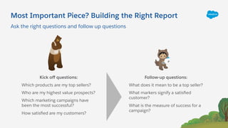 Most Important Piece? Building the Right Report
Kick oﬀ questions:
Which products are my top sellers?
Who are my highest v...