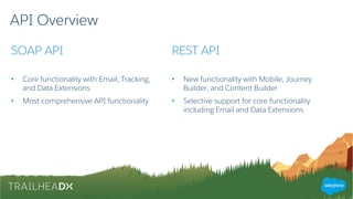 API Overview
SOAP API
• Core functionality with Email, Tracking,
and Data Extensions
• Most comprehensive API functionality
REST API
• New functionality with Mobile, Journey
Builder, and Content Builder
• Selective support for core functionality
including Email and Data Extensions
 