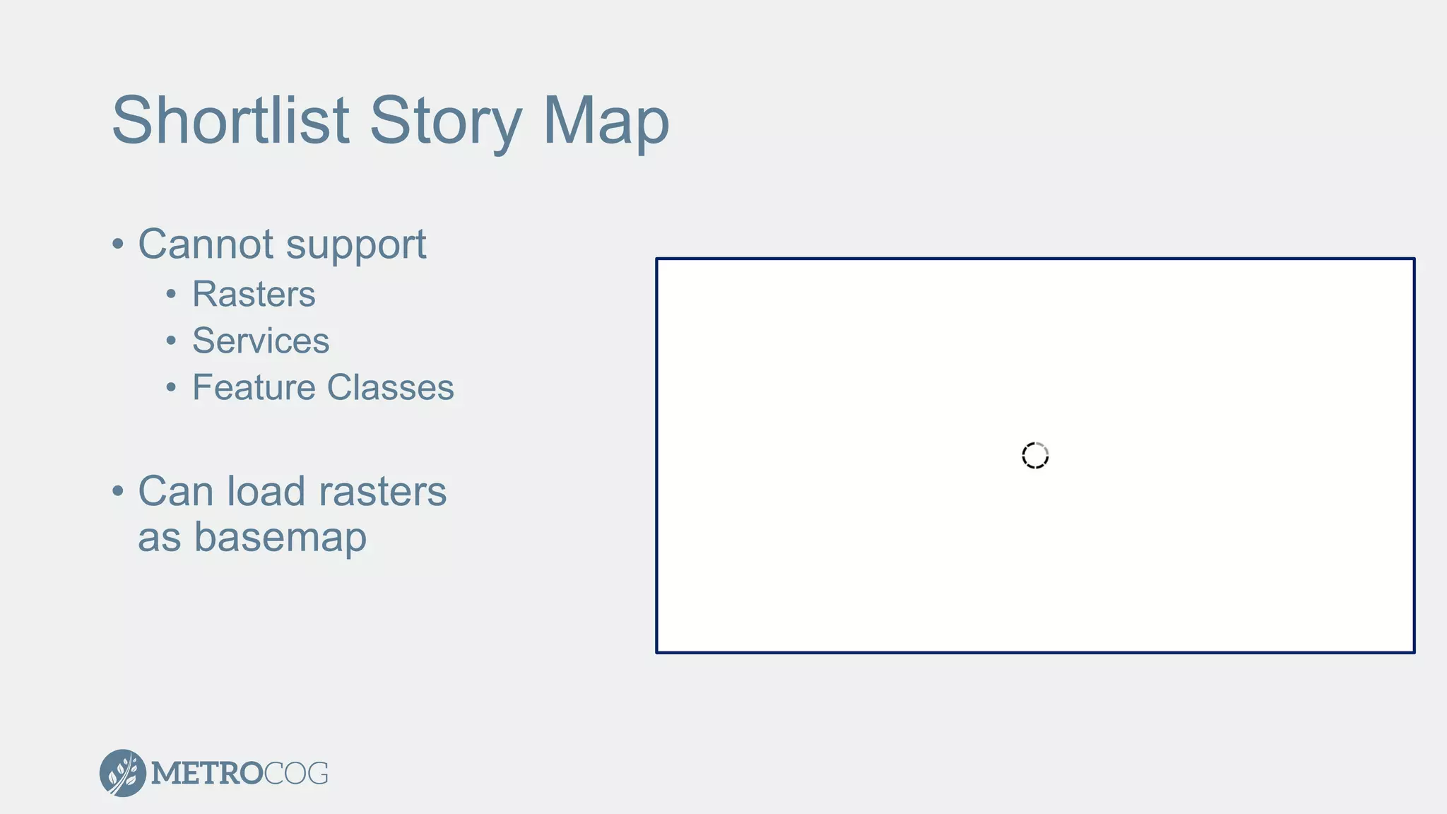 Shortlist Story Map
• Cannot support
• Rasters
• Services
• Feature Classes
• Can load rasters
as basemap
 