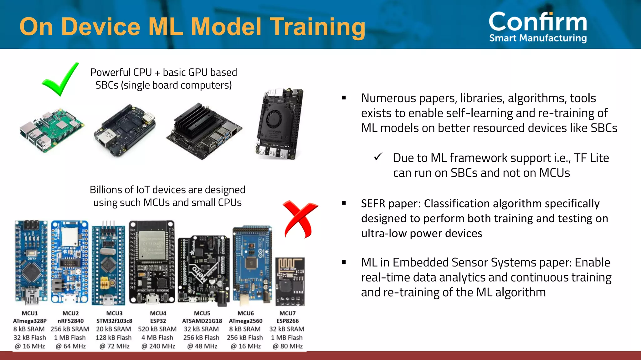 On Device ML Model Training
▪ Numerous papers, libraries, algorithms, tools
exists to enable self-learning and re-training of
ML models on better resourced devices like SBCs
✓ Due to ML framework support i.e., TF Lite
can run on SBCs and not on MCUs
▪ SEFR paper: Classification algorithm specifically
designed to perform both training and testing on
ultra-low power devices
▪ ML in Embedded Sensor Systems paper: Enable
real-time data analytics and continuous training
and re-training of the ML algorithm
Powerful CPU + basic GPU based
SBCs (single board computers)
Billions of IoT devices are designed
using such MCUs and small CPUs
 