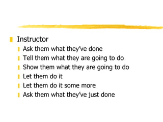 <ul><li>Instructor </li></ul><ul><ul><li>Ask them what they’ve done </li></ul></ul><ul><ul><li>Tell them what they are goi...