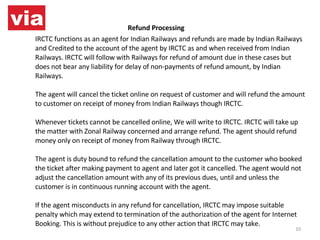 Refund Processing IRCTC functions as an agent for Indian Railways and refunds are made by Indian Railways and Credited to the account of the agent by IRCTC as and when received from Indian Railways. IRCTC will follow with Railways for refund of amount due in these cases but does not bear any liability for delay of non-payments of refund amount, by Indian Railways.  The agent will cancel the ticket online on request of customer and will refund the amount to customer on receipt of money from Indian Railways though IRCTC.  Whenever tickets cannot be cancelled online, We will write to IRCTC. IRCTC will take up the matter with Zonal Railway concerned and arrange refund. The agent should refund money only on receipt of money from Railway through IRCTC.  The agent is duty bound to refund the cancellation amount to the customer who booked the ticket after making payment to agent and later got it cancelled. The agent would not adjust the cancellation amount with any of its previous dues, until and unless the customer is in continuous running account with the agent.  If the agent misconducts in any refund for cancellation, IRCTC may impose suitable penalty which may extend to termination of the authorization of the agent for Internet Booking. This is without prejudice to any other action that IRCTC may take.  