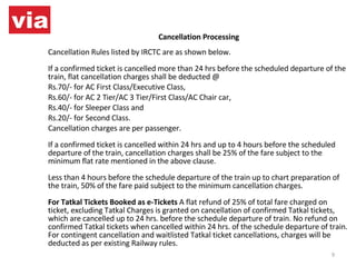 Cancellation Processing Cancellation Rules listed by IRCTC are as shown below.  If a confirmed ticket is cancelled more than 24 hrs before the scheduled departure of the train, flat cancellation charges shall be deducted @  Rs.70/- for AC First Class/Executive Class, Rs.60/- for AC 2 Tier/AC 3 Tier/First Class/AC Chair car, Rs.40/- for Sleeper Class and Rs.20/- for Second Class. Cancellation charges are per passenger.  If a confirmed ticket is cancelled within 24 hrs and up to 4 hours before the scheduled departure of the train, cancellation charges shall be 25% of the fare subject to the minimum flat rate mentioned in the above clause.  Less than 4 hours before the schedule departure of the train up to chart preparation of the train, 50% of the fare paid subject to the minimum cancellation charges.  For Tatkal Tickets Booked as e-Tickets  A flat refund of 25% of total fare charged on ticket, excluding Tatkal Charges is granted on cancellation of confirmed Tatkal tickets, which are cancelled up to 24 hrs. before the schedule departure of train. No refund on confirmed Tatkal tickets when cancelled within 24 hrs. of the schedule departure of train. For contingent cancellation and waitlisted Tatkal ticket cancellations, charges will be deducted as per existing Railway rules. 