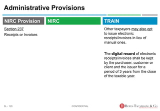 TRAIN
NIRC Provision
Administrative Provisions
Other taxpayers may also opt
to issue electronic
receipts/invoices in lieu of
manual ones.
The digital record of electronic
receipts/invoices shall be kept
by the purchaser, customer or
client and the issuer for a
period of 3 years from the close
of the taxable year.
CONFIDENTIAL
SL - 120
NIRC
Section 237
Receipts or Invoices
 
