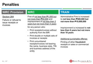 TRAIN
NIRC Provision
Fine of not less than ₱1,000 but
not more than ₱50,000 and
imprisonment of not less than 2
years but not more than 4 years
for any person who:
• Print receipts/invoices without
authority from the BIR
• Print double or multiple sets of
invoices or receipts
• Print unnumbered
receipts/invoices not bearing
the name, business style, TIN
and business address of the
entity
Penalties
Administrative Fine is increased
to not less than ₱500,000 but
not more than ₱10,000,000
Imprisonment is increased to not
less than 6 years but not more
than 10 years
Additional punishable offense:
Printing of other fraudulent
receipts or sales or commercial
invoices
CONFIDENTIAL
SL - 127
NIRC
Section 264
Failure or refusal to
issue receipts or
invoices
 