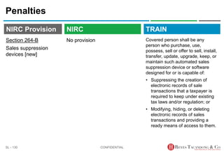 TRAIN
NIRC Provision
No provision
Penalties
Covered person shall be any
person who purchase, use,
possess, sell or offer to sell, install,
transfer, update, upgrade, keep, or
maintain such automated sales
suppression device or software
designed for or is capable of:
• Suppressing the creation of
electronic records of sale
transactions that a taxpayer is
required to keep under existing
tax laws and/or regulation; or
• Modifying, hiding, or deleting
electronic records of sales
transactions and providing a
ready means of access to them.
CONFIDENTIAL
SL - 130
NIRC
Section 264-B
Sales suppression
devices [new]
 