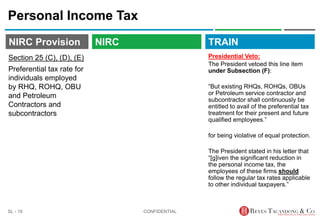 TRAIN
NIRC Provision
Personal Income Tax
Presidential Veto:
The President vetoed this line item
under Subsection (F):
“But existing RHQs, ROHQs, OBUs
or Petroleum service contractor and
subcontractor shall continuously be
entitled to avail of the preferential tax
treatment for their present and future
qualified employees.”
for being violative of equal protection.
The President stated in his letter that
“[g]iven the significant reduction in
the personal income tax, the
employees of these firms should
follow the regular tax rates applicable
to other individual taxpayers.”
CONFIDENTIAL
SL - 19
NIRC
Section 25 (C), (D), (E)
Preferential tax rate for
individuals employed
by RHQ, ROHQ, OBU
and Petroleum
Contractors and
subcontractors
 