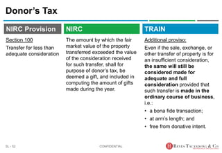 TRAIN
NIRC Provision
The amount by which the fair
market value of the property
transferred exceeded the value
of the consideration received
for such transfer, shall for
purpose of donor’s tax, be
deemed a gift, and included in
computing the amount of gifts
made during the year.
Donor’s Tax
Additional proviso:
Even if the sale, exchange, or
other transfer of property is for
an insufficient consideration,
the same will still be
considered made for
adequate and full
consideration provided that
such transfer is made in the
ordinary course of business,
i.e.:
• a bona fide transaction;
• at arm’s length; and
• free from donative intent.
CONFIDENTIAL
SL - 52
NIRC
Section 100
Transfer for less than
adequate consideration
 