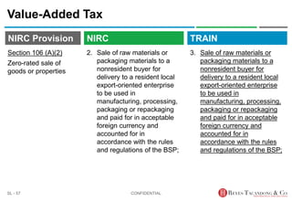 TRAIN
NIRC Provision
2. Sale of raw materials or
packaging materials to a
nonresident buyer for
delivery to a resident local
export-oriented enterprise
to be used in
manufacturing, processing,
packaging or repackaging
and paid for in acceptable
foreign currency and
accounted for in
accordance with the rules
and regulations of the BSP;
Value-Added Tax
3. Sale of raw materials or
packaging materials to a
nonresident buyer for
delivery to a resident local
export-oriented enterprise
to be used in
manufacturing, processing,
packaging or repackaging
and paid for in acceptable
foreign currency and
accounted for in
accordance with the rules
and regulations of the BSP;
CONFIDENTIAL
SL - 57
NIRC
Section 106 (A)(2)
Zero-rated sale of
goods or properties
 