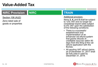 TRAIN
NIRC Provision
Value-Added Tax
Additional provision:
Items 3, 4, and 5 shall be subject
to 12% VAT and no longer be
considered export sales subject
to 0% VAT upon the satisfaction
of the following conditions:
• There is a successful
establishment and
implementation of an
enhanced vat refund system
that grants refunds of
creditable input tax within 90
days from the filing of the vat
refund application with the
Bureau
• All pending VAT refund claims
as of December 31, 2017 shall
be fully paid in cash by
December 31, 2019.
CONFIDENTIAL
SL - 60
NIRC
Section 106 (A)(2)
Zero-rated sale of
goods or properties
 
