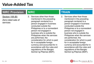 TRAIN
NIRC Provision
2. Services other than those
mentioned in the preceding
paragraph rendered to a
person engaged in business
conducted outside the
Philippines or to a nonresident
person not engaged in
business who is outside the
Philippines when the services
are performed, the
consideration for which is paid
for in acceptable foreign
currency and accounted for in
accordance with the rules and
regulations of the Bangko
Sentral ng Pilipinas (BSP);
Value-Added Tax
2. Services other than those
mentioned in the preceding
paragraph rendered to a
person engaged in business
conducted outside the
Philippines or to a nonresident
person not engaged in
business who is outside the
Philippines when the services
are performed, the
consideration for which is paid
for in acceptable foreign
currency and accounted for in
accordance with the rules and
regulations of the Bangko
Sentral ng Pilipinas (BSP);
CONFIDENTIAL
SL - 64
NIRC
Section 108 (B)
Zero-rated sale of
services
 