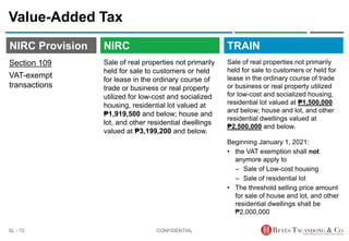 TRAIN
NIRC Provision
Sale of real properties not primarily
held for sale to customers or held
for lease in the ordinary course of
trade or business or real property
utilized for low-cost and socialized
housing, residential lot valued at
₱1,919,500 and below; house and
lot, and other residential dwellings
valued at ₱3,199,200 and below.
Value-Added Tax
Sale of real properties not primarily
held for sale to customers or held for
lease in the ordinary course of trade
or business or real property utilized
for low-cost and socialized housing,
residential lot valued at ₱1,500,000
and below; house and lot, and other
residential dwellings valued at
₱2,500,000 and below.
Beginning January 1, 2021:
• the VAT exemption shall not
anymore apply to
– Sale of Low-cost housing
– Sale of residential lot
• The threshold selling price amount
for sale of house and lot, and other
residential dwellings shall be
₱2,000,000
CONFIDENTIAL
SL - 72
NIRC
Section 109
VAT-exempt
transactions
 