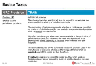 TRAIN
NIRC Provision
Excise Taxes
CONFIDENTIAL
SL - 88
Section 148
Excise tax on
petroleum products
Additional proviso:
Naphtha and pyrolisis gasoline will also be subject to zero excise tax
when used in the refining of petroleum products.
The production of petroleum products, whether or not they are classified
as products of distillation and for use solely for the production of gasoline
shall be exempt from excise Tax.
Liquefied petroleum gas when used as raw material in the production of
petrochemical products, subject to the rules and regulations to be
promulgated by the Secretary of Finance, shall be taxed zero per
kilogram.
The excise taxes paid on the purchased basestock (bunker) used in the
manufacture of excisable articles and forming part thereof shall be
credited against the excise tax due therefrom.
Petroleum coke is now subject to excise tax. But, when used as
feedstock to any power generating facility, it shall be taxed at zero per
metric ton.
 