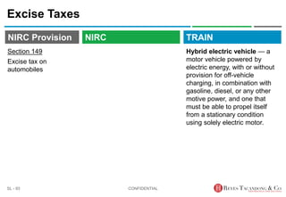 TRAIN
NIRC Provision
Excise Taxes
Hybrid electric vehicle — a
motor vehicle powered by
electric energy, with or without
provision for off-vehicle
charging, in combination with
gasoline, diesel, or any other
motive power, and one that
must be able to propel itself
from a stationary condition
using solely electric motor.
CONFIDENTIAL
SL - 93
NIRC
Section 149
Excise tax on
automobiles
 
