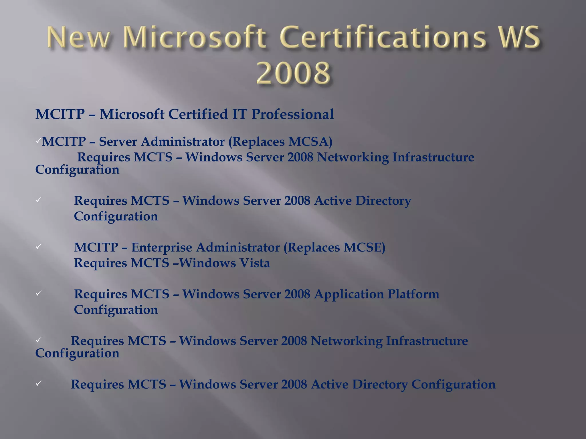 MCITP – Microsoft Certified IT Professional MCITP – Server Administrator (Replaces MCSA) Requires MCTS – Windows Server 2008 Networking Infrastructure Configuration Requires MCTS – Windows Server 2008 Active Directory  Configuration   MCITP – Enterprise Administrator (Replaces MCSE) Requires MCTS –Windows Vista Requires MCTS – Windows Server 2008 Application Platform  Configuration Requires MCTS – Windows Server 2008 Networking Infrastructure Configuration Requires MCTS – Windows Server 2008 Active Directory Configuration 