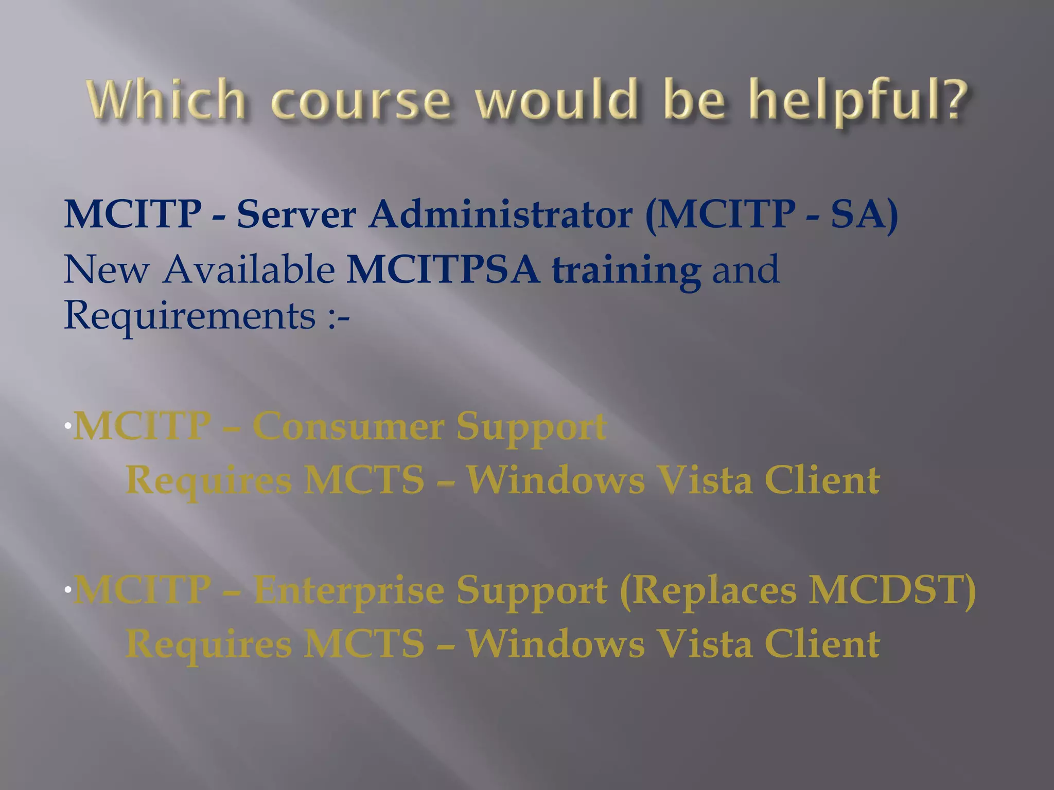 MCITP - Server Administrator (MCITP - SA) New Available  MCITPSA training  and Requirements :- MCITP – Consumer Support Requires MCTS – Windows Vista Client MCITP – Enterprise Support (Replaces MCDST) Requires MCTS – Windows Vista Client 