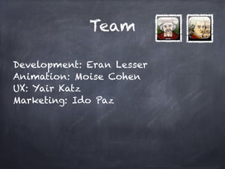 Team

Development: Eran Lesser!
Animation: Moise Cohen!
UX: Yair Katz!
Marketing: Ido Paz!
!
 