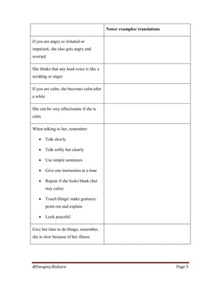 @Swapna Kishore Page 5
Notes/ examples/ translations
If you are angry or irritated or
impatient, she also gets angry and
worried
She thinks that any loud voice is like a
scolding or anger
If you are calm, she becomes calm after
a while
She can be very affectionate if she is
calm
When talking to her, remember:
 Talk slowly
 Talk softly but clearly
 Use simple sentences
 Give one instruction at a time
 Repeat if she looks blank (but
stay calm)
 Touch things/ make gestures/
point out and explain
 Look peaceful
Give her time to do things; remember,
she is slow because of her illness
 