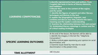 LEARNING COMPETENCIES
1.identify representative texts and authors from
2.explain the texts in terms of literary elements,
and traditions
3.Situate the texts in the context of the region,
and the world
7. identify the figures of speech and other literary
techniques and devices in the text
8. explain the biographical, linguistic, and
contexts and discuss how they enhance the text’s
meaning and the reader’s understanding
9. Examine the relationship between text and context
10. Understand literary meanings in context and the
of critical reading strategies
SPECIFIC LEARNING OUTCOMES
At the end of the lesson, the learners will be able to:
1. Identify the imagery in the text the “Telephone
Conversation”;
2. Write a critical paper expressing your opinion on racial
discrimination; and
3. Examine issues faced by man due to racial
discrimination in the present time.
TIME ALLOTMENT
180 minutes
 