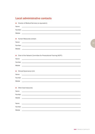 Local administrative contacts
z   Director of Medical Services (or equivalent):

Name:    ____________________________________________________________________________________________

Number: ____________________________________________________________________________________________

Mobile: ____________________________________________________________________________________________


z   Human Resources contact:

Name:    ____________________________________________________________________________________________
                                                                                                                           33
Number: ____________________________________________________________________________________________

Mobile: ____________________________________________________________________________________________



z   Chair of the Network Committee for Prevocational Training (NCPT):

Name:    ____________________________________________________________________________________________

Number ____________________________________________________________________________________________

Mobile   ____________________________________________________________________________________________


z   Clinical Governance Unit:

Name     ____________________________________________________________________________________________

Number ____________________________________________________________________________________________

Mobile   ____________________________________________________________________________________________



z   Other local resources:

Name     ____________________________________________________________________________________________

Number ____________________________________________________________________________________________

Mobile   ____________________________________________________________________________________________


Name     ____________________________________________________________________________________________

Number ____________________________________________________________________________________________

Mobile   ____________________________________________________________________________________________




                                                                                          IMET T RA INEE IN DIFFICU LT Y
 
