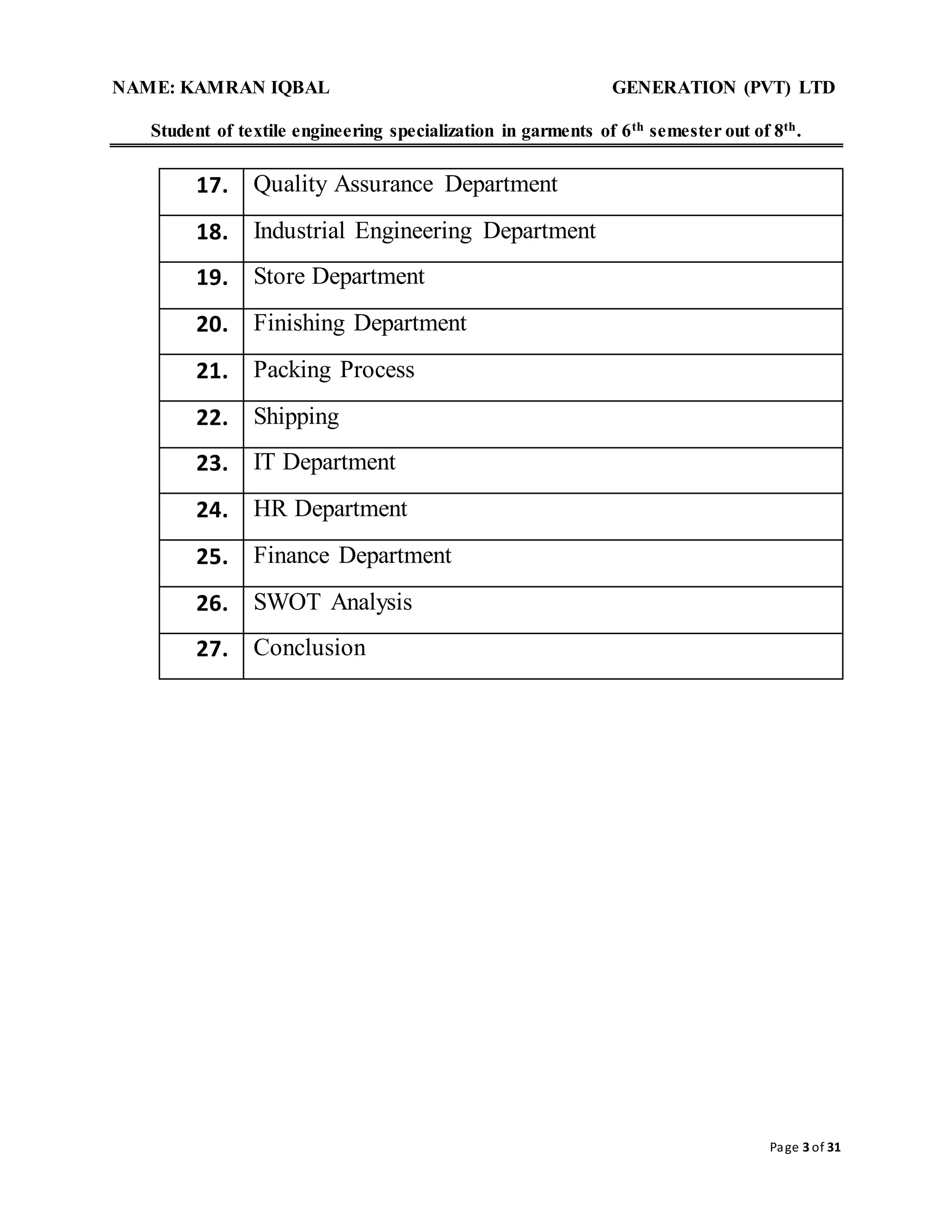 NAME: KAMRAN IQBAL GENERATION (PVT) LTD
Student of textile engineering specialization in garments of 6th semester out of 8th.
Page 3 of 31
17. Quality Assurance Department
18. Industrial Engineering Department
19. Store Department
20. Finishing Department
21. Packing Process
22. Shipping
23. IT Department
24. HR Department
25. Finance Department
26. SWOT Analysis
27. Conclusion
 
