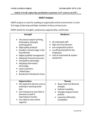 NAME: KAMRAN IQBAL GENERATION (PVT) LTD
Student of textile engineering specialization in garments of 6th semester out of 8th.
Page 30 of 31
SWOT Analysis
SWOTanalysis is a tool for auditing an organization and its environment. It is the
firststage of planning and helps marketers to focus on key issues.
SWOTstands for strengths, weaknesses, opportunities, and threats.
Strength
 No outsourcing for printing,
Embroidery, Dyeing &
washing plants.
 High quality products
 Excellent marketimage in the
local Market.
 Highly qualified management.
 Adequate financial resources.
 Competitive advantage.
 Adopting information
technology.
 Loyal customers.
 Skilled labor.
 Broad and motivational vision.
Weakness
 de-motivated staff
 high costof production
 non-cooperativeculture
 Insufficientbenefit for the
employees.
 Lack of automated & modern
equipment.
Opportunities
 Can expand its division such as
entering in weaving sector
also.
 Can introduce its own label in
domestic as well in
international market.
 Can capture new market
segment.
Threats
 Buyer need and demand
changes.
 Political instability.
 Changes of government
policies.
 Low price offered by
competitor.
 