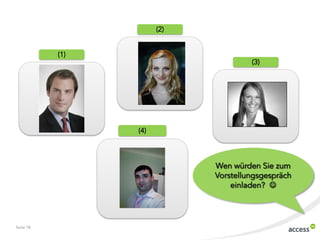 (2)


           (1)
                                      (3)




                 (4)




                             Wen würden Sie zum
                             Vorstellungsgespräch
                                 einladen? 




Seite 18
 