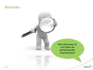 Recherche




            Wie informiere ich
              mich über die
             teilnehmenden
             Unternehmen?




Seite 6
 