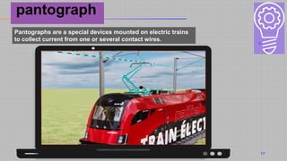 pantograph
17
Pantographs are a special devices mounted on electric trains
to collect current from one or several contact wires.
 