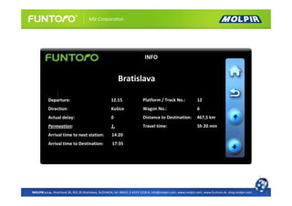 INFO


                                                         Bratislava

          Departure:                                12:15                 Platform / Track No.:               12
          Direction:                                Košice                Wagon No.:                          6
          Actual delay:                             0                     Distance to Destination:            467,5 km
          Permeation:                               1,                    Travel time:                        5h 20 min
          Arrival time to next station:              14:20
          Arrival time to Destination:               17:35




MOLPIR s.r.o., Hrachová 30, 821 05 Bratislava, SLOVAKIA, tel: 00421 2 4319 1218-9, info@molpir.com, www.molpir.com, www.funtoro.sk, shop.molpir.com
 