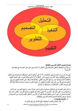 ILLAFTrain UK
ILLAFTrain’s Trainer Certification Program – 2006
© 2006 ILLAFTrain Corporation: For Internal Use Only - Do Not Distribute
٢٠٠٦‫ﺗﺮﻳﻦ‬ ‫إﻳﻼف‬:‫ﻟﻠﺘﻮزﻳﻊ‬ ‫ﻗﺎﺑﻞ‬ ‫وﻏﻴﺮ‬ ‫ﻓﻘﻂ‬ ‫اﻟﺪاﺧﻠﻲ‬ ‫ﻟﻼﺳﺘﺨﺪام‬
13
‫اﻟﺘﺪرﻳﺒﻲ‬ ‫اﻟﻨﻈﺎم‬ ‫ﺗﺼﻤﻴﻢ‬ ‫ﻧﻤﻮذج‬(ISD)
‫اﻟﺸﻜﻞ‬ ‫ﻓﻲ‬ ‫اﻟﻤﺴﺘﺨﺪم‬ ‫اﻟﺘﺪﻓﻘﻲ‬ ‫اﻟﻤﺨﻄﻂ‬ ‫ﻧﻤﻮذج‬ ‫إن‬)٢(‫ﺧﻄﻮاﺗﻬﺎ‬ ‫ﻣﻊ‬ ‫اﻟﺨﻤﺴﺔ‬ ‫اﻟﻤﺮاﺣﻞ‬ ‫ّﻦ‬‫ﻴ‬‫ﻳﺒ‬ ‫أدﻧﺎﻩ‬
‫اﻷﺳﺎﺳﻴﺔ‬.
‫ﻋﻠ‬‫اﻟﻨﻈﺎم‬ ‫ﺗﺼﻤﻴﻢ‬ ‫ﻧﻤﻮذج‬ ‫دﻳﻨﺎﻣﻴﻜﻴﺔ‬ ‫ّﻦ‬‫ﻴ‬‫ﻳﺒ‬ ‫ﻻ‬ ‫اﻟﻮاﻗﻊ‬ ‫ﻓﻲ‬ ‫أﻧﻪ‬ ‫إﻻ‬ ،‫اﻟﻌﻤﻠﻴﺎت‬ ‫ّﻦ‬‫ﻴ‬‫ﻳﺒ‬ ‫اﻟﻨﻤﻮذج‬ ‫أن‬ ‫ﻣﻦ‬ ‫اﻟﺮﻏﻢ‬ ‫ﻰ‬
‫اﻟﺘﺪرﻳﺒﻲ‬(ISD)‫اﻟﺸﻜﻞ‬ ‫اﻟﻰ‬ ‫اﻟﺮﺟﻮع‬ ‫ﻣﻦ‬ ‫ﻻﺑﺪ‬ ‫وﻟﻬﺬا‬ ،)٣(‫اﻟﺘﻘﻴﻴﻢ‬ ‫أهﻤﻴﺔ‬ ‫ﻋﻠﻰ‬ ‫اﻟﻀﻮء‬ ‫ّﻂ‬‫ﻠ‬‫ﻳﺴ‬ ‫اﻟﺬي‬ ،
‫أهﻤﻴﺔ‬ ‫ﻋﻠﻰ‬ ‫ّﺪ‬‫آ‬‫ﻳﺆ‬ ‫ﻓﺈﻧﻪ‬ ‫وآﺬﻟﻚ‬ ،‫اﻟﻜﻠﻲ‬ ‫اﻟﺘﺪرﻳﺐ‬ ‫ﺑﺮﻧﺎﻣﺞ‬ ‫ﻋﺒﺮ‬ ‫اﻻﺳﺘﺮﺟﺎﻋﻴﺔ‬ ‫واﻟﺘﻐﺬﻳﺔ‬‫وﺗﻮزﻳﻊ‬ ‫ﺗﺠﻤﻴﻊ‬
‫ﺳﺎآﻨﺎ‬ ‫ﻧﻤﻮذﺟﺎ‬ ‫ﻟﻴﺴﺖ‬ ‫اﻟﺘﺪرﻳﺐ‬ ‫ﻋﻤﻠﻴﺔ‬ ‫أن‬ ‫ُﻈﻬﺮ‬‫ﻳ‬‫و‬ ‫اﻟﺨﻤﺴﺔ‬ ‫اﻟﻤﺮاﺣﻞ‬ ‫ﻣﻦ‬ ‫ﱟ‬‫ﻞ‬‫آ‬ ‫ﻓﻲ‬ ‫اﻟﻤﻌﻠﻮﻣﺎت‬)‫ﺷﻼﻻ‬(،
‫ﻟﻠﻨﺸﺎﻃﺎت‬ ‫ﻣﺘﻜﺮرا‬ ‫ﺟﺮﻳﺎﻧﺎ‬ ‫ﻟﻜﻦ‬)‫ﻟﻮﻟﺒﻴﺎ‬ ‫أو‬ ‫دﻳﻨﺎﻣﻴﻜﻴﺎ‬.(
‫اﻟﺘﺪرﻳﺐ‬ ‫ﺑﺮﻧﺎﻣﺞ‬ ‫ﻋﻤﺮ‬ ‫ﻃﻮال‬ ‫ﺗﺴﺘﻤﺮ‬ ‫واﻟﺘﻲ‬ ‫ﻣﺴﺘﻤﺮة‬ ‫ﻧﺸﺎﻃﺎت‬ ‫هﻲ‬ ‫اﻟﺨﻤﺴﺔ‬ ‫اﻟﻤﺮاﺣﻞ‬ ‫إن‬.‫إﻧﺸﺎء‬ ‫ﺑﻌﺪ‬
‫اﻟﻤﺮ‬ ‫ﻓﺈن‬ ،‫ﺗﺪرﻳﺐ‬ ‫ﺑﺮﻧﺎﻣﺞ‬‫اﻟﺘﺪرﻳﺐ‬ ‫ﺑﺮﻧﺎﻣﺞ‬ ‫ﺗﻄﺒﻴﻖ‬ ‫ﻳﺘﻢ‬ ‫ﺣﺎﻟﻤﺎ‬ ‫ﺗﻨﺘﻬﻲ‬ ‫ﻻ‬ ‫اﻷﺧﺮى‬ ‫اﺣﻞ‬.‫اﻟﻤﺮاﺣﻞ‬ ‫ﺗﺘﻜﺮر‬
‫اﻟﺘﺤﺴﻴﻨﺎت‬ ‫ﻣﻦ‬ ‫ﺑﺎﻟﻤﺰﻳﺪ‬ ‫اﻟﻘﻴﺎم‬ ‫اﻟﻤﻤﻜﻦ‬ ‫ﻣﻦ‬ ‫آﺎن‬ ‫إذا‬ ‫ﻓﻴﻤﺎ‬ ‫ﻟﻤﻌﺮﻓﺔ‬ ‫ﻣﻨﺘﻈﻢ‬ ‫أﺳﺎس‬ ‫ﻋﻠﻰ‬ ‫ﺑﺎﺳﺘﻤﺮار‬ ‫اﻟﺨﻤﺴﺔ‬.
‫اﻟﺘﺪرﻳﺒﻲ‬ ‫اﻟﻨﻈﺎم‬ ‫ﺗﺼﻤﻴﻢ‬ ‫ﻟﻌﻤﻠﻴﺔ‬ ‫ﻣﻮﺟﺰ‬ ‫وﺻﻒ‬(ISD):
١.‫ﺣﻠﻞ‬)Analyze:(
•‫اﻟﻨﻈﺎم‬ ‫ﺣﻠﻞ‬)‫اﻟﺦ‬ ،‫اﻟﻮﻇﻴﻔﺔ‬ ،‫اﻟﻘﺴﻢ‬(‫اﻟﻰ‬ ‫ﻟﺘﺼﻞ‬‫ﻟﻪ‬ ‫آﺎﻣﻞ‬ ‫ﻓﻬﻢ‬.
‫ﺍﻟﺘﺤﻠﻴل‬
‫ﺍﻟﺘﻨﻔﻴﺫ‬‫ﺍﻟﺘﺼﻤﻴﻡ‬
‫ﺍﻟﺘﻁﻭﻴﺭ‬
‫ﺍﻟﺘﻘ‬‫ﻴﻴﻡ‬
 