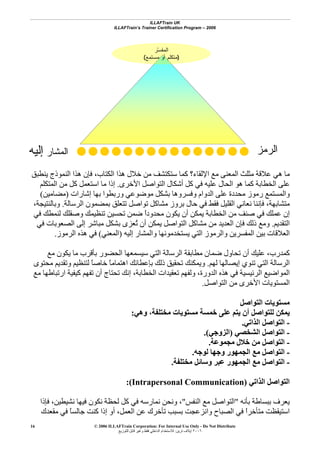 ILLAFTrain UK
ILLAFTrain’s Trainer Certification Program – 2006
© 2006 ILLAFTrain Corporation: For Internal Use Only - Do Not Distribute
٢٠٠٦‫ﺗﺮﻳﻦ‬ ‫إﻳﻼف‬:‫ﻟﻠﺘﻮزﻳﻊ‬ ‫ﻗﺎﺑﻞ‬ ‫وﻏﻴﺮ‬ ‫ﻓﻘﻂ‬ ‫اﻟﺪاﺧﻠﻲ‬ ‫ﻟﻼﺳﺘﺨﺪام‬
16
‫ه‬ ‫ﻣﺎ‬‫اﻹﻟﻘﺎء؟‬ ‫ﻣﻊ‬ ‫اﻟﻤﻌﻨﻰ‬ ‫ﻣﺜﻠﺚ‬ ‫ﻋﻼﻗﺔ‬ ‫ﻲ‬‫ﻳﻨﻄﺒﻖ‬ ‫اﻟﻨﻤﻮذج‬ ‫هﺬا‬ ‫ﻓﺈن‬ ،‫اﻟﻜﺘﺎب‬ ‫هﺬا‬ ‫ﺧﻼل‬ ‫ﻣﻦ‬ ‫ﺳﺘﻜﺘﺸﻒ‬ ‫آﻤﺎ‬
‫اﻷﺧﺮى‬ ‫اﻟﺘﻮاﺻﻞ‬ ‫أﺷﻜﺎل‬ ‫آﻞ‬ ‫ﻓﻲ‬ ‫ﻋﻠﻴﻪ‬ ‫اﻟﺤﺎل‬ ‫هﻮ‬ ‫آﻤﺎ‬ ‫اﻟﺨﻄﺎﺑﺔ‬ ‫ﻋﻠﻰ‬.‫اﻟﻤﺘﻜﻠﻢ‬ ‫ﻣﻦ‬ ‫آﻞ‬ ‫اﺳﺘﻌﻤﻞ‬ ‫ﻣﺎ‬ ‫إذا‬
‫إﺷﺎرات‬ ‫ﺑﻬﺎ‬ ‫ورﺑﻄﻮا‬ ‫ﻣﻮﺿﻮﻋﻲ‬ ‫ﺑﺸﻜﻞ‬ ‫وﻓﺴﺮوهﺎ‬ ‫اﻟﺪوام‬ ‫ﻋﻠﻰ‬ ‫ﻣﺤﺪدة‬ ‫رﻣﻮز‬ ‫واﻟﻤﺴﺘﻤﻊ‬)‫ﻣﻀﺎﻣﻴﻦ‬(
‫ﻣﺘﺸﺎﺑﻬﺔ‬‫ﺑﺮوز‬ ‫ﺣﺎل‬ ‫ﻓﻲ‬ ‫ﻓﻘﻂ‬ ‫اﻟﻘﻠﻴﻞ‬ ‫ﻧﻌﺎﻧﻲ‬ ‫ﻓﺈﻧﻨﺎ‬ ،‫اﻟﺮﺳﺎﻟﺔ‬ ‫ﺑﻤﻀﻤﻮن‬ ‫ﺗﺘﻌﻠﻖ‬ ‫ﺗﻮاﺻﻞ‬ ‫ﻣﺸﺎآﻞ‬.،‫وﺑﺎﻟﻨﺘﻴﺠﺔ‬
‫ﻓﻲ‬ ‫ﻟﻨﻤﻄﻚ‬ ‫وﺻﻘﻠﻚ‬ ‫ﺗﻨﻈﻴﻤﻚ‬ ‫ﺗﺤﺴﻴﻦ‬ ‫ﺿﻤﻦ‬ ً‫ا‬‫ﻣﺤﺪود‬ ‫ﻳﻜﻮن‬ ‫أن‬ ‫ﻳﻤﻜﻦ‬ ‫اﻟﺨﻄﺎﺑﺔ‬ ‫ﻣﻦ‬ ‫ﺻﻨﻒ‬ ‫ﻓﻲ‬ ‫ﻋﻤﻠﻚ‬ ‫إن‬
‫اﻟﺘﻘﺪﻳﻢ‬.‫ﻓﻲ‬ ‫اﻟﺼﻌﻮﺑﺎت‬ ‫إﻟﻰ‬ ‫ﻣﺒﺎﺷﺮ‬ ‫ﺑﺸﻜﻞ‬ ‫ُﻌﺰى‬‫ﺗ‬ ‫أن‬ ‫ﻳﻤﻜﻦ‬ ‫اﻟﺘﻮاﺻﻞ‬ ‫ﻣﺸﺎآﻞ‬ ‫ﻣﻦ‬ ‫اﻟﻌﺪﻳﺪ‬ ‫ﻓﺈن‬ ‫ذﻟﻚ‬ ‫وﻣﻊ‬
‫اﻟﻌﻼﻗﺎت‬‫إﻟﻴﻪ‬ ‫واﻟﻤﺸﺎر‬ ‫ﻳﺴﺘﺨﺪﻣﻮﻧﻬﺎ‬ ‫اﻟﺘﻲ‬ ‫واﻟﺮﻣﻮز‬ ‫اﻟﻤﻔﺴﺮﻳﻦ‬ ‫ﺑﻴﻦ‬)‫اﻟﻤﻌﻨﻲ‬(‫اﻟﺮﻣﻮز‬ ‫هﺬﻩ‬ ‫ﻓﻲ‬.
‫ﻣﻊ‬ ‫ﻳﻜﻮن‬ ‫ﻣﺎ‬ ‫ﺑﺄﻗﺮب‬ ‫اﻟﺤﻀﻮر‬ ‫ﺳﻴﺴﻤﻌﻬﺎ‬ ‫اﻟﺘﻲ‬ ‫اﻟﺮﺳﺎﻟﺔ‬ ‫ﻣﻄﺎﺑﻘﺔ‬ ‫ﺿﻤﺎن‬ ‫ﺗﺤﺎول‬ ‫أن‬ ‫ﻋﻠﻴﻚ‬ ،‫آﻤﺪرب‬
‫ﻟﻬﻢ‬ ‫إﻳﺼﺎﻟﻬﺎ‬ ‫ﺗﻨﻮي‬ ‫اﻟﺘﻲ‬ ‫اﻟﺮﺳﺎﻟﺔ‬.‫ﻣﺤﺘﻮى‬ ‫وﺗﻘﺪﻳﻢ‬ ‫ﻟﺘﻨﻈﻴﻢ‬ ً‫ﺎ‬‫ﺧﺎﺻ‬ ً‫ﺎ‬‫اهﺘﻤﺎﻣ‬ ‫ﺑﺈﻋﻄﺎﺋﻚ‬ ‫ذﻟﻚ‬ ‫ﺗﺤﻘﻴﻖ‬ ‫وﻳﻤﻜﻨﻚ‬
‫اﻟ‬ ‫اﻟﻤﻮاﺿﻴﻊ‬‫ﻣﻊ‬ ‫ارﺗﺒﺎﻃﻬﺎ‬ ‫آﻴﻔﻴﺔ‬ ‫ﺗﻔﻬﻢ‬ ‫أن‬ ‫ﺗﺤﺘﺎج‬ ‫إﻧﻚ‬ ،‫اﻟﺨﻄﺎﺑﺔ‬ ‫ﺗﻌﻘﻴﺪات‬ ‫وﻟﻔﻬﻢ‬ ،‫اﻟﺪورة‬ ‫هﺬﻩ‬ ‫ﻓﻲ‬ ‫ﺮﺋﻴﺴﻴﺔ‬
‫اﻟﺘﻮاﺻﻞ‬ ‫ﻣﻦ‬ ‫اﻷﺧﺮى‬ ‫اﻟﻤﺴﺘﻮﻳﺎت‬.
‫اﻟﺘﻮاﺻﻞ‬ ‫ﻣﺴﺘﻮﻳﺎت‬
‫وهﻲ‬ ،‫ﻣﺨﺘﻠﻔﺔ‬ ‫ﻣﺴﺘﻮﻳﺎت‬ ‫ﺧﻤﺴﺔ‬ ‫ﻋﻠﻰ‬ ‫ﻳﺘﻢ‬ ‫أن‬ ‫ﻟﻠﺘﻮاﺻﻞ‬ ‫ﻳﻤﻜﻦ‬:
-‫اﻟﺬاﺗﻲ‬ ‫اﻟﺘﻮاﺻﻞ‬.
-‫اﻟﺸﺨﺼﻲ‬ ‫اﻟﺘﻮاﺻﻞ‬)‫اﻟﺰوﺟﻲ‬.(
-‫ﻣﺠﻤﻮﻋﺔ‬ ‫ﺧﻼل‬ ‫ﻣﻦ‬ ‫اﻟﺘﻮاﺻﻞ‬.
-‫اﻟﺘﻮ‬‫ﻟﻮﺟﻪ‬ ‫وﺟﻬﺎ‬ ‫اﻟﺠﻤﻬﻮر‬ ‫ﻣﻊ‬ ‫اﺻﻞ‬.
-‫ﻣﺨﺘﻠﻔﺔ‬ ‫وﺳﺎﺋﻞ‬ ‫ﻋﺒﺮ‬ ‫اﻟﺠﻤﻬﻮر‬ ‫ﻣﻊ‬ ‫اﻟﺘﻮاﺻﻞ‬.
‫اﻟﺬاﺗﻲ‬ ‫اﻟﺘﻮاﺻﻞ‬(Intrapersonal Communication):
‫ﺑﺄﻧﻪ‬ ‫ﺑﺒﺴﺎﻃﺔ‬ ‫ﻳﻌﺮف‬"‫اﻟﻨﻔﺲ‬ ‫ﻣﻊ‬ ‫اﻟﺘﻮاﺻﻞ‬"‫ﻓﺈذا‬ ،‫ﻧﺸﻴﻄﻴﻦ‬ ‫ﻓﻴﻬﺎ‬ ‫ﻧﻜﻮن‬ ‫ﻟﺤﻈﺔ‬ ‫آﻞ‬ ‫ﻓﻲ‬ ‫ﻧﻤﺎرﺳﻪ‬ ‫وﻧﺤﻦ‬ ،
‫إذ‬ ‫أو‬ ،‫اﻟﻌﻤﻞ‬ ‫ﻋﻦ‬ ‫ﺗﺄﺧﺮك‬ ‫ﺑﺴﺒﺐ‬ ‫واﻧﺰﻋﺠﺖ‬ ‫اﻟﺼﺒﺎح‬ ‫ﻓﻲ‬ ً‫ا‬‫ﻣﺘﺄﺧﺮ‬ ‫اﺳﺘﻴﻘﻈﺖ‬‫ﻣﻘﻌﺪك‬ ‫ﻓﻲ‬ ً‫ﺎ‬‫ﺟﺎﻟﺴ‬ ‫آﻨﺖ‬ ‫ا‬
‫ّﺭ‬‫ﺴ‬‫ﺍﻟﻤﻔ‬
)‫ﻤﺴﺘﻤﻊ‬ ‫ﺃﻭ‬ ‫ﻤﺘﻜﻠﻡ‬(
‫ﺍﻟﺭﻤﺯ‬‫ﺍﻟﻤﺸﺎﺭ‬‫ﺇ‬‫ﻟﻴﻪ‬
 