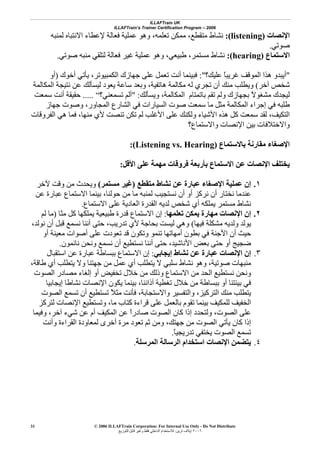 ILLAFTrain UK
ILLAFTrain’s Trainer Certification Program – 2006
© 2006 ILLAFTrain Corporation: For Internal Use Only - Do Not Distribute
٢٠٠٦‫ﺗﺮﻳﻦ‬ ‫إﻳﻼف‬:‫ﻟﻠﺘﻮزﻳﻊ‬ ‫ﻗﺎﺑﻞ‬ ‫وﻏﻴﺮ‬ ‫ﻓﻘﻂ‬ ‫اﻟﺪاﺧﻠﻲ‬ ‫ﻟﻼﺳﺘﺨﺪام‬
31
‫اﻹﻧﺼﺎت‬)listening:(‫ﻟﻤﻨﺒﻪ‬ ‫اﻻﻧﺘﺒﺎﻩ‬ ‫ﻹﻋﻄﺎء‬ ‫ﻓﻌﺎﻟﺔ‬ ‫ﻋﻤﻠﻴﺔ‬ ‫وهﻮ‬ ،‫ﺗﻌﻠﻤﻪ‬ ‫ﻣﻤﻜﻦ‬ ،‫ﻣﺘﻘﻄﻊ‬ ‫ﻧﺸﺎط‬
‫ﺻﻮﺗﻲ‬.
‫اﻻﺳﺘﻤﺎع‬)hearing:(‫ﺻﻮﺗﻲ‬ ‫ﻣﻨﺒﻪ‬ ‫ﻟﺘﻠﻘﻲ‬ ‫ﻓﻌﺎﻟﺔ‬ ‫ﻏﻴﺮ‬ ‫ﻋﻤﻠﻴﺔ‬ ‫وهﻮ‬ ،‫ﻃﺒﻴﻌﻲ‬ ،‫ﻣﺴﺘﻤﺮ‬ ‫ﻧﺸﺎط‬.
"‫ﻋﻠﻴﻚ؟‬ ً‫ﺎ‬‫ﻏﺮﻳﺒ‬ ‫اﻟﻤﻮﻗﻒ‬ ‫هﺬا‬ ‫أﻳﺒﺪو‬:"‫ﻓﺒﻴﻨ‬‫أﺧﻮك‬ ‫ﻳﺄﺗﻲ‬ ،‫اﻟﻜﻤﺒﻴﻮﺗﺮ‬ ‫ﺟﻬﺎزك‬ ‫ﻋﻠﻰ‬ ‫ﺗﻌﻤﻞ‬ ‫أﻧﺖ‬ ‫ﻤﺎ‬)‫أو‬
‫ﺁﺧﺮ‬ ‫ﺷﺨﺺ‬(‫اﻟﻤﻜﺎﻟﻤﺔ‬ ‫ﻧﺘﻴﺠﺔ‬ ‫ﻋﻦ‬ ‫ﻟﻴﺴﺄﻟﻚ‬ ‫ﻳﻌﻮد‬ ‫ﺳﺎﻋﺔ‬ ‫وﺑﻌﺪ‬ ،‫هﺎﺗﻔﻴﺔ‬ ‫ﻣﻜﺎﻟﻤﺔ‬ ‫ﻟﻪ‬ ‫ﺗﺠﺮي‬ ‫أن‬ ‫ﻣﻨﻚ‬ ‫وﻳﻄﻠﺐ‬
‫وﻳﺴﺄﻟﻚ‬ ،‫اﻟﻤﻜﺎﻟﻤﺔ‬ ‫ﺑﺎﺗﻤﺘﺎم‬ ‫ﺗﻘﻢ‬ ‫وﻟﻢ‬ ‫ﺑﺠﻬﺎزك‬ ً‫ﻻ‬‫ﻣﺸﻐﻮ‬ ‫ﻟﻴﺠﺪك‬" :‫ﺗﺴﻤﻌﻨﻲ؟‬ ‫أﻟﻢ‬“.....‫ﺳﻤﻌﺖ‬ ‫أﻧﺖ‬ ‫ﺣﻘﻴﻘﺔ‬
‫ﺳﻤﻌ‬ ‫ﻣﺎ‬ ‫ﻣﺜﻞ‬ ‫اﻟﻤﻜﺎﻟﻤﺔ‬ ‫إﺟﺮاء‬ ‫ﻓﻲ‬ ‫ﻃﻠﺒﻪ‬‫ﺟﻬﺎز‬ ‫وﺻﻮت‬ ،‫اﻟﻤﺠﺎور‬ ‫اﻟﺸﺎرع‬ ‫ﻓﻲ‬ ‫اﻟﺴﻴﺎرات‬ ‫ﺻﻮت‬ ‫ﺖ‬
‫اﻟﻔﺮوﻗﺎت‬ ‫هﻲ‬ ‫ﻓﻤﺎ‬ ،‫ﻣﻨﻬﺎ‬ ‫ﻷي‬ ‫ﺗﻨﺼﺖ‬ ‫ﺗﻜﻦ‬ ‫ﻟﻢ‬ ‫اﻷﻏﻠﺐ‬ ‫ﻋﻠﻰ‬ ‫وﻟﻜﻨﻚ‬ ‫اﻷﺷﻴﺎء‬ ‫هﺬﻩ‬ ‫آﻞ‬ ‫ﺳﻤﻌﺖ‬ ‫ﻟﻘﺪ‬ ،‫اﻟﺘﻜﻴﻒ‬
‫واﻻﺳﺘﻤﺎع؟‬ ‫اﻹﻧﺼﺎت‬ ‫ﺑﻴﻦ‬ ‫واﻻﺧﺘﻼﻓﺎت‬
‫ﺑﺎﻻﺳﺘﻤﺎع‬ ‫ﻣﻘﺎرﻧﺔ‬ ‫اﻹﺻﻐﺎء‬Listening vs. Hearing):(
‫ﻓﺮوﻗﺎ‬ ‫ﺑﺄرﺑﻌﺔ‬ ‫اﻻﺳﺘﻤﺎع‬ ‫ﻋﻦ‬ ‫اﻹﻧﺼﺎت‬ ‫ﻳﺨﺘﻠﻒ‬‫اﻷﻗﻞ‬ ‫ﻋﻠﻰ‬ ‫ﻣﻬﻤﺔ‬ ‫ت‬:
١.‫ﻣﺘﻘﻄﻊ‬ ‫ﻧﺸﺎط‬ ‫ﻋﻦ‬ ‫ﻋﺒﺎرة‬ ‫اﻹﺻﻐﺎء‬ ‫ﻋﻤﻠﻴﺔ‬ ‫إن‬)‫ﻣﺴﺘﻤﺮ‬ ‫ﻏﻴﺮ‬(‫ﻵﺧﺮ‬ ‫وﻗﺖ‬ ‫ﻣﻦ‬ ‫وﻳﺤﺪث‬
‫ﻋﻦ‬ ‫ﻋﺒﺎرة‬ ‫اﻻﺳﺘﻤﺎع‬ ‫ﺑﻴﻨﻤﺎ‬ ،‫ﺣﻮﻟﻨﺎ‬ ‫ﻣﻦ‬ ‫ﻣﺎ‬ ‫ﻟﻤﻨﺒﻪ‬ ‫ﻧﺴﺘﺠﻴﺐ‬ ‫أن‬ ‫أو‬ ‫ﻧﺮآﺰ‬ ‫أن‬ ‫ﻧﺨﺘﺎر‬ ‫ﻋﻨﺪﻣﺎ‬
‫اﻻﺳﺘﻤﺎع‬ ‫ﻋﻠﻰ‬ ‫اﻟﻌﺎدﻳﺔ‬ ‫اﻟﻘﺪرة‬ ‫ﻟﺪﻳﻪ‬ ‫ﺷﺨﺺ‬ ‫أي‬ ‫ﻳﻤﻠﻜﻪ‬ ‫ﻣﺴﺘﻤﺮ‬ ‫ﻧﺸﺎط‬.
٢.‫ﺗﻌﻠﻤﻬﺎ‬ ‫ﻳﻤﻜﻦ‬ ‫ﻣﻬﺎرة‬ ‫اﻹﻧﺼﺎت‬ ‫إن‬:‫اﻻ‬ ‫إن‬‫ّﺎ‬‫ﻨ‬‫ﻣ‬ ‫آﻞ‬ ‫ﻳﻤﻠﻜﻬﺎ‬ ‫ﻃﺒﻴﻌﻴﺔ‬ ‫ﻗﺪرة‬ ‫ﺳﺘﻤﺎع‬)‫ﻟﻢ‬ ‫ﻣﺎ‬
‫ﻓﻴﻬﺎ‬ ‫ﻣﺸﻜﻠﺔ‬ ‫وﻟﺪﻳﻪ‬ ‫ﻳﻮﻟﺪ‬(،‫ﻧﻮﻟﺪ‬ ‫أن‬ ‫ﻗﺒﻞ‬ ‫ﻧﺴﻤﻊ‬ ‫أﻧﻨﺎ‬ ‫ﺣﺘﻰ‬ ،‫ﺗﺪرﻳﺐ‬ ‫ﻷي‬ ‫ﺑﺤﺎﺟﺔ‬ ‫ﻟﻴﺴﺖ‬ ‫وهﻲ‬
‫أو‬ ‫ﻣﻌﻴﻨﺔ‬ ‫أﺻﻮات‬ ‫ﻋﻠﻰ‬ ‫ﺗﻌﻮدت‬ ‫ﻗﺪ‬ ‫وﺗﻜﻮن‬ ‫ﺗﻨﻤﻮ‬ ‫أﻣﻬﺎﺗﻬﺎ‬ ‫ﺑﻄﻮن‬ ‫ﻓﻲ‬ ‫اﻷﺟﻨﺔ‬ ‫أن‬ ‫ﺣﻴﺚ‬
‫ﻧﺎﺋﻤﻮن‬ ‫وﻧﺤﻦ‬ ‫ﻧﺴﻤﻊ‬ ‫أن‬ ‫ﻧﺴﺘﻄﻴﻊ‬ ‫أﻧﻨﺎ‬ ‫ﺣﺘﻰ‬ ،‫اﻷﻧﺎﺷﻴﺪ‬ ‫ﺑﻌﺾ‬ ‫ﺣﺘﻰ‬ ‫أو‬ ‫ﺿﺠﻴﺞ‬.
٣.‫اﻹﻧ‬ ‫إن‬‫إﻳﺠﺎﺑﻲ‬ ‫ﻧﺸﺎط‬ ‫ﻋﻦ‬ ‫ﻋﺒﺎرة‬ ‫ﺼﺎت‬:‫اﺳﺘﻘﺒﺎل‬ ‫ﻋﻦ‬ ‫ﻋﺒﺎرة‬ ‫ﺑﺒﺴﺎﻃﺔ‬ ‫اﻻﺳﺘﻤﺎع‬ ‫إن‬
،‫ﻃﺎﻗﺔ‬ ‫أي‬ ‫ﻳﺘﻄﻠﺐ‬ ‫وﻻ‬ ‫ﺟﻬﺘﻨﺎ‬ ‫ﻣﻦ‬ ‫ﻋﻤﻞ‬ ‫أي‬ ‫ﻳﺘﻄﻠﺐ‬ ‫ﻻ‬ ‫ﺳﻠﺒﻲ‬ ‫ﻧﺸﺎط‬ ‫وهﻮ‬ ،‫ﺻﻮﺗﻴﺔ‬ ‫ﻣﻨﺒﻬﺎت‬
‫اﻟﺼﻮت‬ ‫ﻣﺼﺎدر‬ ‫إﻟﻐﺎء‬ ‫أو‬ ‫ﺗﺨﻔﻴﺾ‬ ‫ﺧﻼل‬ ‫ﻣﻦ‬ ‫وذﻟﻚ‬ ‫اﻻﺳﺘﻤﺎع‬ ‫ﻣﻦ‬ ‫اﻟﺤﺪ‬ ‫ﻧﺴﺘﻄﻴﻊ‬ ‫وﻧﺤﻦ‬
‫ﻳﻜﻮن‬ ‫ﺑﻴﻨﻤﺎ‬ ،‫ﺁذاﻧﻨﺎ‬ ‫ﺗﻐﻄﻴﺔ‬ ‫ﺧﻼل‬ ‫ﻣﻦ‬ ‫ﺑﺒﺴﺎﻃﺔ‬ ‫أو‬ ‫ﺑﻴﺌﺘﻨﺎ‬ ‫ﻓﻲ‬‫إﻳﺠﺎﺑﻴﺎ‬ ‫ﻧﺸﺎﻃﺎ‬ ‫اﻹﻧﺼﺎت‬
‫اﻟﺼﻮت‬ ‫ﺗﺴﻤﻊ‬ ‫أن‬ ‫ﺗﺴﺘﻄﻴﻊ‬ ً‫ﻼ‬‫ﻣﺜ‬ ‫ﻓﺄﻧﺖ‬ ،‫واﻻﺳﺘﺠﺎﺑﺔ‬ ‫واﻟﺘﻔﺴﻴﺮ‬ ،‫اﻟﺘﺮآﻴﺰ‬ ‫ﻣﻨﻚ‬ ‫ﻳﺘﻄﻠﺐ‬
‫ﻟﺘﺮآﺰ‬ ‫اﻹﻧﺼﺎت‬ ‫وﺗﺴﺘﻄﻴﻊ‬ ،‫ﻣﺎ‬ ‫آﺘﺎب‬ ‫ﻗﺮاءة‬ ‫ﻋﻠﻰ‬ ‫ﺑﺎﻟﻌﻤﻞ‬ ‫ﺗﻘﻮم‬ ‫ﺑﻴﻨﻤﺎ‬ ‫ﻟﻠﻤﻜﻴﻒ‬ ‫اﻟﺨﻔﻴﻒ‬
‫وﻓﻴﻤﺎ‬ ،‫ﺁﺧﺮ‬ ‫ﺷﻲء‬ ‫ﻋﻦ‬ ‫أم‬ ‫اﻟﻤﻜﻴﻒ‬ ‫ﻋﻦ‬ ً‫ا‬‫ﺻﺎدر‬ ‫اﻟﺼﻮت‬ ‫آﺎن‬ ‫إذا‬ ‫وﻟﺘﺤﺪد‬ ،‫اﻟﺼﻮت‬ ‫ﻋﻠﻰ‬
‫اﻟﺼﻮت‬ ‫ﻳﺄﺗﻲ‬ ‫آﺎن‬ ‫إذا‬‫وأﻧﺖ‬ ‫اﻟﻘﺮاءة‬ ‫ﻟﻤﻌﺎودة‬ ‫أﺧﺮى‬ ‫ﻣﺮة‬ ‫ﺗﻌﻮد‬ ‫ﺛﻢ‬ ‫وﻣﻦ‬ ،‫ﺟﻬﺘﻚ‬ ‫ﻣﻦ‬
ً‫ﺎ‬‫ﺗﺪرﻳﺠﻴ‬ ‫ﻳﺨﺘﻔﻲ‬ ‫اﻟﺼﻮت‬ ‫ﺗﺴﻤﻊ‬.
٤.‫اﻟﻤﺮﺳﻠﺔ‬ ‫اﻟﺮﺳﺎﻟﺔ‬ ‫اﺳﺘﺨﺪام‬ ‫اﻹﻧﺼﺎت‬ ‫ﻳﺘﻀﻤﻦ‬.
 