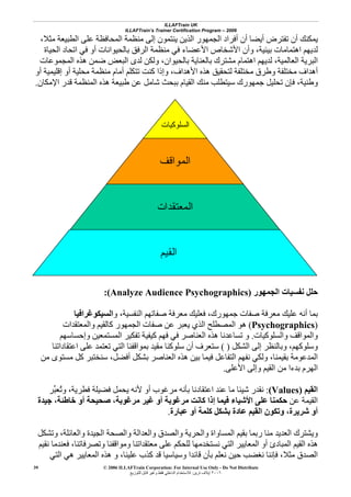 ILLAFTrain UK
ILLAFTrain’s Trainer Certification Program – 2006
© 2006 ILLAFTrain Corporation: For Internal Use Only - Do Not Distribute
٢٠٠٦‫ﺗﺮﻳﻦ‬ ‫إﻳﻼف‬:‫ﻟﻠﺘﻮزﻳﻊ‬ ‫ﻗﺎﺑﻞ‬ ‫وﻏﻴﺮ‬ ‫ﻓﻘﻂ‬ ‫اﻟﺪاﺧﻠﻲ‬ ‫ﻟﻼﺳﺘﺨﺪام‬
39
‫ﻣﺜﻼ‬ ‫اﻟﻄﺒﻴﻌﺔ‬ ‫ﻋﻠﻰ‬ ‫اﻟﻤﺤﺎﻓﻈﺔ‬ ‫ﻣﻨﻈﻤﺔ‬ ‫إﻟﻰ‬ ‫ﻳﻨﺘﻤﻮن‬ ‫اﻟﺬﻳﻦ‬ ‫اﻟﺠﻤﻬﻮر‬ ‫أﻓﺮاد‬ ‫أن‬ ‫أﻳﻀﺎ‬ ‫ﺗﻔﺘﺮض‬ ‫أن‬ ‫ﻳﻤﻜﻨﻚ‬،
‫اﻟﺤﻴﺎة‬ ‫اﺗﺤﺎد‬ ‫ﻓﻲ‬ ‫أو‬ ‫ﺑﺎﻟﺤﻴﻮاﻧﺎت‬ ‫اﻟﺮﻓﻖ‬ ‫ﻣﻨﻈﻤﺔ‬ ‫ﻓﻲ‬ ‫اﻷﻋﻀﺎء‬ ‫اﻷﺷﺨﺎص‬ ‫وأن‬ ،‫ﺑﻴﺌﻴﺔ‬ ‫اهﺘﻤﺎﻣﺎت‬ ‫ﻟﺪﻳﻬﻢ‬
‫اﻟﻌﺎﻟﻤﻴﺔ‬ ‫اﻟﺒﺮﻳﺔ‬،‫ﻣﺸﺘﺮك‬ ‫اهﺘﻤﺎم‬ ‫ﻟﺪﻳﻬﻢ‬‫اﻟﻤﺠﻤﻮﻋﺎت‬ ‫هﺬﻩ‬ ‫ﺿﻤﻦ‬ ‫اﻟﺒﻌﺾ‬ ‫ﻟﺪى‬ ‫وﻟﻜﻦ‬ ،‫ﺑﺎﻟﺤﻴﻮان‬ ‫ﺑﺎﻟﻌﻨﺎﻳﺔ‬
‫أو‬ ‫إﻗﻠﻴﻤﻴﺔ‬ ‫أو‬ ‫ﻣﺤﻠﻴﺔ‬ ‫ﻣﻨﻈﻤﺔ‬ ‫أﻣﺎم‬ ‫ﺗﺘﻜﻠﻢ‬ ‫آﻨﺖ‬ ‫وإذا‬ ،‫اﻷهﺪاف‬ ‫هﺬﻩ‬ ‫ﻟﺘﺤﻘﻴﻖ‬ ‫ﻣﺨﺘﻠﻔﺔ‬ ‫وﻃﺮق‬ ‫ﻣﺨﺘﻠﻔﺔ‬ ‫أهﺪاف‬
‫وﻃﻨﻴﺔ‬،‫اﻹﻣﻜﺎن‬ ‫ﻗﺪر‬ ‫اﻟﻤﻨﻈﻤﺔ‬ ‫هﺬﻩ‬ ‫ﻃﺒﻴﻌﺔ‬ ‫ﻋﻦ‬ ‫ﺷﺎﻣﻞ‬ ‫ﺑﺒﺤﺚ‬ ‫اﻟﻘﻴﺎم‬ ‫ﻣﻨﻚ‬ ‫ﺳﻴﺘﻄﻠﺐ‬ ‫ﺟﻤﻬﻮرك‬ ‫ﺗﺤﻠﻴﻞ‬ ‫ﻓﺈن‬.
‫اﻟﺠﻤﻬﻮر‬ ‫ﻧﻔﺴﻴﺎت‬ ‫ﺣﻠﻞ‬(Analyze Audience Psychographics):
‫ﺟﻤﻬﻮرك‬ ‫ﺻﻔﺎت‬ ‫ﻣﻌﺮﻓﺔ‬ ‫ﻋﻠﻴﻚ‬ ‫أﻧﻪ‬ ‫ﺑﻤﺎ‬،‫و‬ ،‫اﻟﻨﻔﺴﻴﺔ‬ ‫ﺻﻔﺎﺗﻬﻢ‬ ‫ﻣﻌﺮﻓﺔ‬ ‫ﻓﻌﻠﻴﻚ‬‫اﻟﺴﻴﻜﻮﻏﺮاﻓﻴﺎ‬
)Psychographics(‫واﻟﻤﻌﺘﻘﺪات‬ ‫آﺎﻟﻘﻴﻢ‬ ‫اﻟﺠﻤﻬﻮر‬ ‫ﺻﻔﺎت‬ ‫ﻋﻦ‬ ‫ﻳﻌﺒﺮ‬ ‫اﻟﺬي‬ ‫اﻟﻤﺼﻄﻠﺢ‬ ‫هﻮ‬
‫واﻟﺴﻠﻮآﻴﺎت‬ ‫واﻟﻤﻮاﻗﻒ‬.‫ﻓﻬﻢ‬ ‫ﻓﻲ‬ ‫اﻟﻌﻨﺎﺻﺮ‬ ‫هﺬﻩ‬ ‫ﺗﺴﺎﻋﺪﻧﺎ‬ ‫و‬‫وإﺣﺴﺎﺳﻬﻢ‬ ‫اﻟﻤﺴﺘﻤﻌﻴﻦ‬ ‫ﺗﻔﻜﻴﺮ‬ ‫آﻴﻔﻴﺔ‬
‫اﻟﺸﻜﻞ‬ ‫إﻟﻰ‬ ‫وﺑﺎﻟﻨﻈﺮ‬ ،‫وﺳﻠﻮآﻬﻢ‬( )‫اﻋﺘﻘﺎداﺗﻨﺎ‬ ‫ﻋﻠﻰ‬ ‫ﺗﻌﺘﻤﺪ‬ ‫اﻟﺘﻲ‬ ‫ﺑﻤﻮاﻗﻔﻨﺎ‬ ‫ﻣﻘﻴﺪ‬ ‫ﺳﻠﻮآﻨﺎ‬ ‫أن‬ ‫ﺳﺘﻌﺮف‬
‫أﻓﻀﻞ‬ ‫ﺑﺸﻜﻞ‬ ‫اﻟﻌﻨﺎﺻﺮ‬ ‫هﺬﻩ‬ ‫ﺑﻴﻦ‬ ‫ﻓﻴﻤﺎ‬ ‫اﻟﺘﻔﺎﻋﻞ‬ ‫ﻧﻔﻬﻢ‬ ‫وﻟﻜﻲ‬ ،‫ﺑﻘﻴﻤﻨﺎ‬ ‫اﻟﻤﺪﻋﻮﻣﺔ‬،‫ﻣﻦ‬ ‫ﻣﺴﺘﻮى‬ ‫آﻞ‬ ‫ﺳﻨﺨﺘﺒﺮ‬
‫اﻷﻋﻠﻰ‬ ‫وإﻟﻰ‬ ‫اﻟﻘﻴﻢ‬ ‫ﻣﻦ‬ ‫ﺑﺪءا‬ ‫اﻟﻬﺮم‬.
‫اﻟﻘﻴﻢ‬(Values):‫ﻧﻘ‬‫ﱢﺮ‬‫ﺒ‬‫ُﻌ‬‫ﺗ‬‫و‬ ،‫ﻓﻄﺮﻳﺔ‬ ‫ﻓﻀﻴﻠﺔ‬ ‫ﻳﺤﻤﻞ‬ ‫ﻷﻧﻪ‬ ‫أو‬ ‫ﻣﺮﻏﻮب‬ ‫ﺑﺄﻧﻪ‬ ‫اﻋﺘﻘﺎدﻧﺎ‬ ‫ﻋﻨﺪ‬ ‫ﻣﺎ‬ ‫ﺷﻴﺌﺎ‬ ‫ﺪر‬
‫ﻋﻦ‬ ‫اﻟﻘﻴﻤﺔ‬‫ﻣﺮﻏﻮﺑﺔ‬ ‫ﻏﻴﺮ‬ ‫أو‬ ‫ﻣﺮﻏﻮﺑﺔ‬ ‫آﺎﻧﺖ‬ ‫إذا‬ ‫ﻓﻴﻤﺎ‬ ‫اﻷﺷﻴﺎء‬ ‫ﻋﻠﻰ‬ ‫ﺣﻜﻤﻨﺎ‬،‫ﺧﺎﻃﺌﺔ‬ ‫أو‬ ‫ﺻﺤﻴﺤﺔ‬،‫ﺟﻴﺪة‬
‫ﺷﺮﻳﺮة‬ ‫أو‬،‫ﻋﺒﺎرة‬ ‫أو‬ ‫آﻠﻤﺔ‬ ‫ﺑﺸﻜﻞ‬ ‫ﻋﺎدة‬ ‫اﻟﻘﻴﻢ‬ ‫وﺗﻜﻮن‬.
‫و‬ ‫واﻟﺼﺪق‬ ‫واﻟﺤﺮﻳﺔ‬ ‫اﻟﻤﺴﺎواة‬ ‫ﺑﻘﻴﻢ‬ ‫رﺑﻤﺎ‬ ‫ﻣﻨﺎ‬ ‫اﻟﻌﺪﻳﺪ‬ ‫وﻳﺸﺘﺮك‬‫وﺗﺸﻜﻞ‬ ،‫واﻟﻌﺎﺋﻠﺔ‬ ‫اﻟﺠﻴﺪة‬ ‫واﻟﺼﺤﺔ‬ ‫اﻟﻌﺪاﻟﺔ‬
‫ﻧﻘﻴﻢ‬ ‫ﻓﻌﻨﺪﻣﺎ‬ ،‫وﺗﺼﺮﻓﺎﺗﻨﺎ‬ ‫وﻣﻮاﻗﻔﻨﺎ‬ ‫ﻣﻌﺘﻘﺪاﺗﻨﺎ‬ ‫ﻋﻠﻰ‬ ‫ﻟﻠﺤﻜﻢ‬ ‫ﻧﺴﺘﺨﺪﻣﻬﺎ‬ ‫اﻟﺘﻲ‬ ‫اﻟﻤﻌﺎﻳﻴﺮ‬ ‫أو‬ ‫اﻟﻤﺒﺎدئ‬ ‫اﻟﻘﻴﻢ‬ ‫هﺬﻩ‬
‫ﻣﺜﻼ‬ ‫اﻟﺼﺪق‬،‫اﻟﺘﻲ‬ ‫هﻲ‬ ‫اﻟﻤﻌﺎﻳﻴﺮ‬ ‫هﺬﻩ‬ ‫و‬ ،‫ﻋﻠﻴﻨﺎ‬ ‫آﺬب‬ ‫ﻗﺪ‬ ‫وﺳﻴﺎﺳﻴﺎ‬ ‫ﻗﺎﺋﺪا‬ ‫ﺑﺄن‬ ‫ﻧﻌﻠﻢ‬ ‫ﺣﻴﻦ‬ ‫ﻧﻐﻀﺐ‬ ‫ﻓﺈﻧﻨﺎ‬
‫ﺍﻟﺴﻠﻭﻜﻴﺎﺕ‬
‫ﺍﻟﻤﻭﺍﻗﻑ‬
‫ﺍﻟﻤﻌﺘﻘﺩﺍﺕ‬
‫ﺍﻟﻘﻴﻡ‬
 