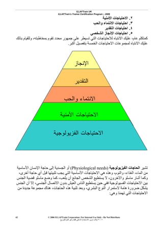 ILLAFTrain UK
ILLAFTrain’s Trainer Certification Program – 2006
© 2006 ILLAFTrain Corporation: For Internal Use Only - Do Not Distribute
٢٠٠٦‫ﺗﺮﻳﻦ‬ ‫إﻳﻼف‬:‫ﻟﻠﺘﻮزﻳﻊ‬ ‫ﻗﺎﺑﻞ‬ ‫وﻏﻴﺮ‬ ‫ﻓﻘﻂ‬ ‫اﻟﺪاﺧﻠﻲ‬ ‫ﻟﻼﺳﺘﺨﺪام‬
42
٢.‫اﻷﻣﻨﻴﺔ‬ ‫اﻻﺣﺘﻴﺎﺟﺎت‬
٣.‫واﻟﺤﺐ‬ ‫اﻻﻧﺘﻤﺎء‬ ‫اﺣﺘﻴﺎﺟﺎت‬
٤.‫اﻟﺘﻘﺪﻳﺮ‬ ‫اﺣﺘﻴﺎﺟﺎت‬
٥.‫اﻹﻧﺠ‬ ‫اﺣﺘﻴﺎﺟﺎت‬‫اﻟﺸﺨﺼﻲ‬ ‫ﺎز‬
‫ﻋﺎم‬ ‫آﻤﺘﻜﻠﻢ‬،‫ﺑﺬﻟﻚ‬ ‫وﻟﻠﻘﻴﺎم‬ ،‫ﺑﻤﺨﺎﻃﺒﺘﻪ‬ ‫ﺗﻘﻮم‬ ‫ﻣﺤﺪد‬ ‫ﺟﻤﻬﻮر‬ ‫ﻋﻠﻰ‬ ‫ﺗﺴﻴﻄﺮ‬ ‫اﻟﺘﻲ‬ ‫ﻟﻼﺣﺘﻴﺎﺟﺎت‬ ‫اﻻﻧﺘﺒﺎﻩ‬ ‫ﻋﻠﻴﻚ‬
‫أآﺒﺮ‬ ‫ﺑﺘﻔﺼﻴﻞ‬ ‫اﻟﺨﻤﺴﺔ‬ ‫اﻻﺣﺘﻴﺎﺟﺎت‬ ‫ﻟﻤﺠﻤﻮﻋﺎت‬ ‫اﻻﻧﺘﺒﺎﻩ‬ ‫ﻋﻠﻴﻚ‬.
‫ﺗﺸﻴﺮ‬‫اﻟﻔﻴﺰﻳﻮﻟﻮﺟﻴﺔ‬ ‫اﻟﺤﺎﺟﺎت‬)Physiological needs(‫ﺣﺎﺟﺔ‬ ‫إﻟﻰ‬ ‫اﻟﺠﺴﺪﻳﺔ‬ ‫أو‬‫اﻷﺳﺎﺳﻴﺔ‬ ‫اﻹﻧﺴﺎن‬
‫اﻟﻤﺎء‬ ‫ﻣﻦ‬،‫اﻟﻐﺬاء‬،،‫أﺧﺮى‬ ‫ﺣﺎﺟﺔ‬ ‫أي‬ ‫ﻗﺒﻞ‬ ‫ﺗﻠﺒﻴﺘﻬﺎ‬ ‫ﻳﺠﺐ‬ ‫اﻟﺘﻲ‬ ‫اﻷﺳﺎﺳﻴﺔ‬ ‫اﻻﺣﺘﻴﺎﺟﺎت‬ ‫هﻲ‬ ‫وهﺬﻩ‬ ،‫واﻟﻨﻮم‬
‫واﻵﺧﺮون‬ ‫ﻣﺎﺳﻠﻮ‬ ‫أﺷﺎر‬ ‫وآﻤﺎ‬،‫اﻟﺠﻨﺲ‬ ‫ﻗﻀﻴﺔ‬ ‫ﻣﺎﺳﻠﻮ‬ ‫وﺿﻊ‬ ‫آﻤﺎ‬ ،‫ﻳﻠﻌﺐ‬ ‫أن‬ ‫اﻟﺠﺎﺋﻊ‬ ‫اﻟﺸﺨﺺ‬ ‫ﻳﺴﺘﻄﻴﻊ‬ ‫ﻻ‬
‫اﻻﺗﺼﺎل‬ ‫ﺑﺪون‬ ‫اﻟﻌﻴﺶ‬ ‫اﻟﻨﺎس‬ ‫ﻳﺴﺘﻄﻴﻊ‬ ‫ﺣﻴﻦ‬ ‫ﻓﻔﻲ‬ ‫اﻟﻔﺴﻴﻮﻟﻮﺟﻴﺔ‬ ‫اﻻﺣﺘﻴﺎﺟﺎت‬ ‫ﺑﻴﻦ‬‫اﻟﺠﻨﺴﻲ‬،‫اﻟﺠﻨﺲ‬ ‫أن‬ ‫إﻻ‬
‫اﻟﺤﺎﺟﺎت‬ ‫هﺬﻩ‬ ‫ﺗﻠﺒﻴﺔ‬ ‫وﺑﻌﺪ‬ ،‫اﻟﺒﺸﺮي‬ ‫اﻟﻨﻮع‬ ‫ﻻﺳﺘﻤﺮار‬ ‫هﺎﻣﺔ‬ ‫ﺿﺮورة‬ ‫ﻳﺸﻜﻞ‬،‫ﻣﻦ‬ ‫ﺟﺪﻳﺪة‬ ‫ﻣﺠﻤﻮﻋﺔ‬ ‫هﻨﺎك‬
‫وهﻲ‬ ‫ﺗﻬﻤﻨﺎ‬ ‫اﻟﺘﻲ‬ ‫اﻻﺣﺘﻴﺎﺟﺎت‬:
‫ﺍﻹﻨﺠﺎﺯ‬
‫ﺍﻟﺘﻘﺩﻴﺭ‬
‫ﻭﺍﻟﺤﺏ‬ ‫ﺍﻻﻨﺘﻤﺎﺀ‬
‫ﺍﻷﻤﻨﻴﺔ‬ ‫ﺍﻻﺤﺘﻴﺎﺠﺎﺕ‬
‫ﺍﻟﻔﺯﻴﻭﻟﻭﺠﻴﺔ‬ ‫ﺍﻻﺤﺘﻴﺎﺠﺎﺕ‬
 