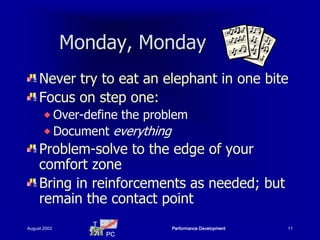 Monday, Monday
     Never try to eat an elephant in one bite
     Focus on step one:
        Over-define the problem
        Document everything
     Problem-solve to the edge of your
     comfort zone
     Bring in reinforcements as needed; but
     remain the contact point
                 T
August 2003                  Performance Development   11
                     PC
 