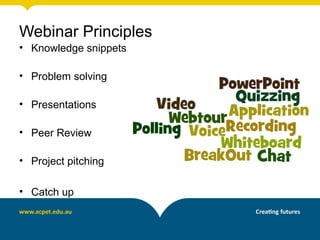 Webinar Principles
• Knowledge snippets
• Problem solving
• Presentations
• Peer Review
• Project pitching
• Catch up
 