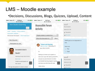 LMS – Moodle example
•Decisions, Discussions, Blogs, Quizzes, Upload, Content
 