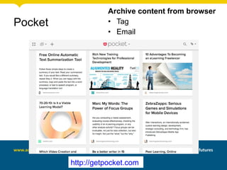 Archive content from browser
• Tag
• Email
http://getpocket.com
Pocket
 