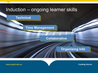 Induction – ongoing learner skills
TechnicalTechnical
Time ManagementTime Management
CollaborativeCollaborative
Organising InfoOrganising Info
 