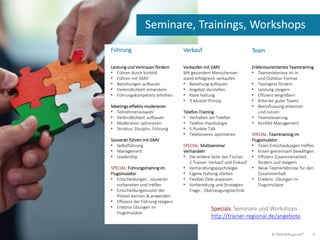 Seminare, Trainings, Workshops
Führung
Leistung und Vertrauen fördern
• Führen durch Vorbild
• Führen mit GMV
• Beziehungen aufbauen
• Verbindlichkeit entwickeln
• Führungskompetenz erhöhen
Meetings effektiv moderieren
• Teilnehmerauswahl
• Verbindlichkeit aufbauen
• Moderation optimieren
• Struktur, Disziplin, Führung
Souverän führen mit GMV
• Selbstführung
• Management
• Leadership
SPECIAL: Führungstraining im
Flugsimulator
• Entscheidungen : souverän
vorbereiten und treffen
• Entscheidungsmuster der
Piloten kennen & anwenden
• Effizienz der Führung steigern
• Erlebnis Übungen im
Flugsimulator
Verkauf
Verkaufen mit GMV
Mit gesundem Menschenver-
stand erfolgreich verkaufen
• Beziehung aufbauen
• Angebot darstellen
• Klare Haltung
• 3-Muster-Prinzip
Telefon-Training
• Verhalten am Telefon
• Telefon-Psychologie
• 5-Punkte-Talk
• Telefonieren optimieren
SPECIAL: Multiseminar
Verhandeln
• Die andere Seite des Tisches
2 Trainer: Verkauf und Einkauf
• Verhandlungspsychologie
• Eigene Haltung stärken
• Flexibel Ziele anpassen
• Vorbereitung und Strategien
Frage-, Überzeugungstechnik
Team
Erlebnisorientiertes Teamtraining
• Teamerlebnisse im In-
und Outdoor-Format
• Teamgeist fördern
• Leistung steigern
• Effizient vergrößern
• Kriterien guter Teams
• Beeinflussung erkennen
und nutzen
• Teamsteuerung
• Konflikt-Management
SPECIAL: Teamtraining im
Flugsimulator
• Team-Entscheidungen treffen
• Krisen gemeinsam bewältigen
• Effizienz Zusammenarbeit
fördern und steigern
• Neue Teamerlebnisse für den
Zusammenhalt
• Erlebnis: Übungen im
Flugsimulator
Specials: Seminare und Workshops
http://trainer-regional.de/angebote
© TRAINERegional® 4
 