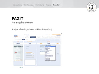 FAZIT	
Herangehensweise	
Analyse – Trainingsschwerpunkte – Anwendung 	
Vorstellung –  Einführung – Herleitung – Praxis – Transfer	
 