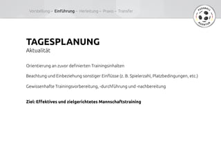 TAGESPLANUNG	
Aktualität	
Orientierung an zuvor de#nierten Trainingsinhalten	
	
Beachtung und Einbeziehung sonstiger Ein$üsse (z. B. Spielerzahl, Platzbedingungen, etc.)	
	
Gewissenhafte Trainingsvorbereitung, -durchführung und -nachbereitung	
	
	
Ziel: E"ektives und zielgerichtetes Mannschaftstraining	
Vorstellung –  Einführung – Herleitung – Praxis – Transfer	
 