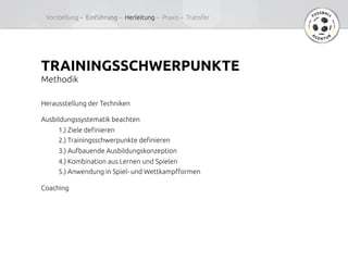 TRAININGSSCHWERPUNKTE	
Methodik	
Herausstellung der Techniken	
	
Ausbildungssystematik beachten	
	
1.) Ziele de#nieren	
	
2.) Trainingsschwerpunkte de#nieren	
	
3.) Aufbauende Ausbildungskonzeption	
	
4.) Kombination aus Lernen und Spielen	
	
5.) Anwendung in Spiel- und Wettkamp%ormen	
	
Coaching	
Vorstellung –  Einführung – Herleitung – Praxis – Transfer	
 