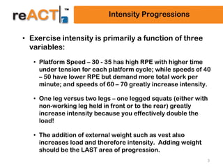 3
Intensity Progressions
• Exercise intensity is primarily a function of three
variables:
• Platform Speed – 30 - 35 has high RPE with higher time
under tension for each platform cycle; while speeds of 40
– 50 have lower RPE but demand more total work per
minute; and speeds of 60 – 70 greatly increase intensity.
• One leg versus two legs – one legged squats (either with
non-working leg held in front or to the rear) greatly
increase intensity because you effectively double the
load!
• The addition of external weight such as vest also
increases load and therefore intensity. Adding weight
should be the LAST area of progression.
 