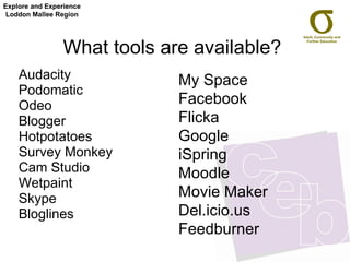 What tools are available? Audacity Podomatic Odeo Blogger  Hotpotatoes Survey Monkey Cam Studio Wetpaint Skype Bloglines Explore and Experience Loddon Mallee Region My Space Facebook Flicka Google iSpring Moodle  Movie Maker Del.icio.us Feedburner 