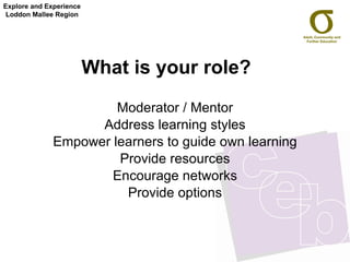 What is your role?   Moderator / Mentor Address learning styles Empower learners to guide own learning Provide resources Encourage networks Provide options Explore and Experience Loddon Mallee Region 