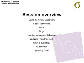 Session overview Using the Virtual Classroom Social Networking Wikis Blogs Learning Management Systems Widget’s - how they work What is available? Questions? Upcoming Dates Explore and Experience Loddon Mallee Region 
