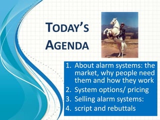 TODAY’S
AGENDA
1. About alarm systems: the
market, why people need
them and how they work
2. System options/ pricing
3. Selling alarm systems:
4. script and rebuttals
 